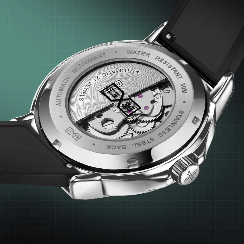 BEXEI Black Warrior Mechanical Movement Rubber Strap Watch Men's Watches Cut-Out Dial-41