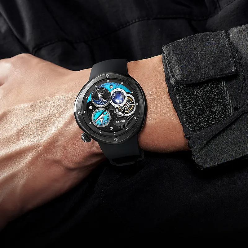 BEXEI The Wandering Earth Automatic Mechanical Movement Fluoroelastomer Strap Watch Men's Watches Black Dial-1
