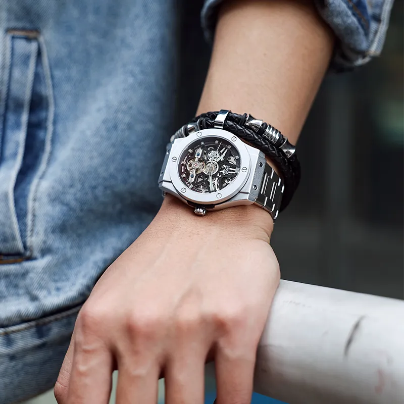 BEXEI Mechanical Movement Metal Strap Watch Men's Watches Cut Out Dial-4