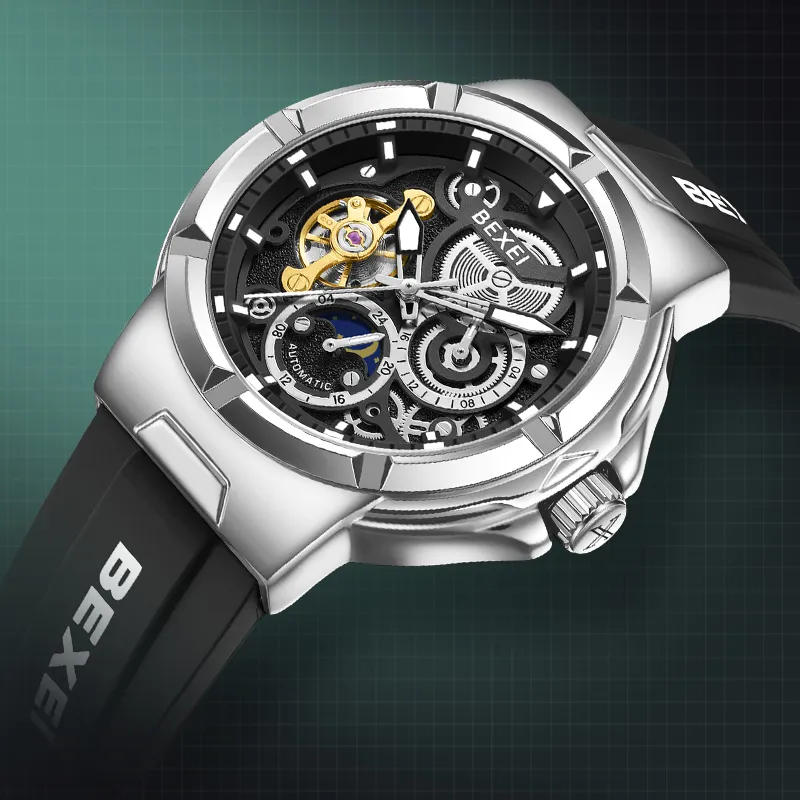 BEXEI Black Warrior Mechanical Movement Rubber Strap Watch Men's Watches Cut-Out Dial-39