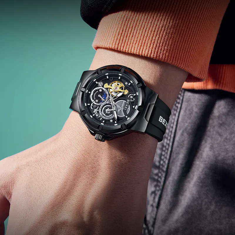 BEXEI Black Warrior Mechanical Movement Rubber Strap Watch Men's Watches Cut-Out Dial-3