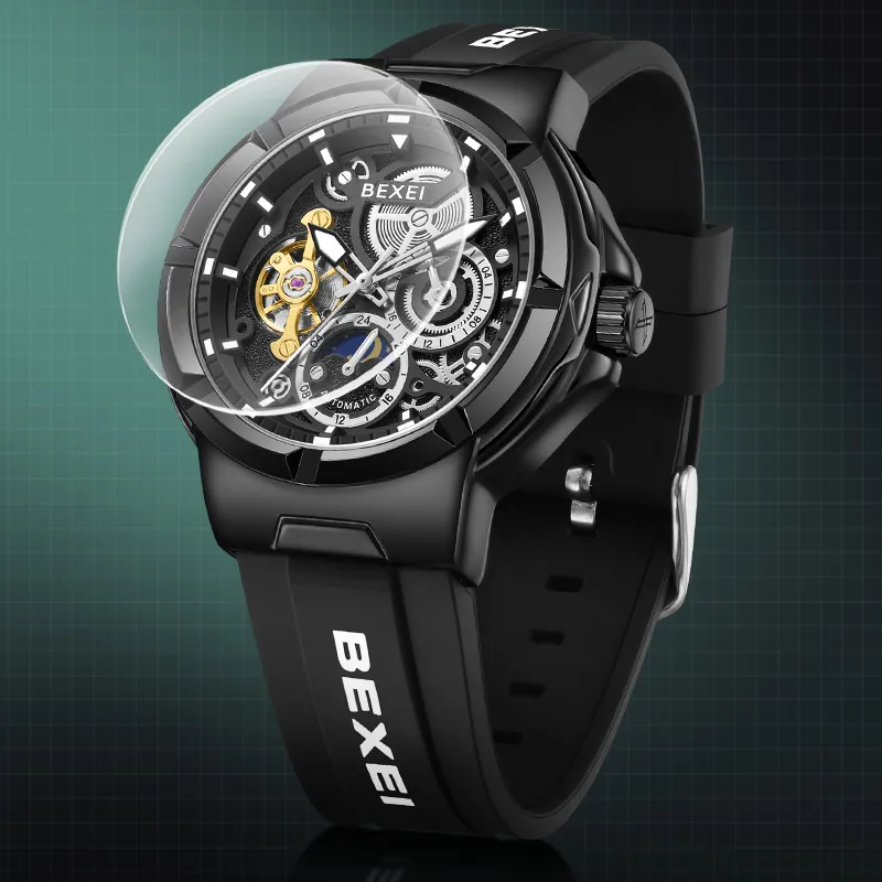 BEXEI Black Warrior Mechanical Movement Rubber Strap Watch Men's Watches Cut-Out Dial-10