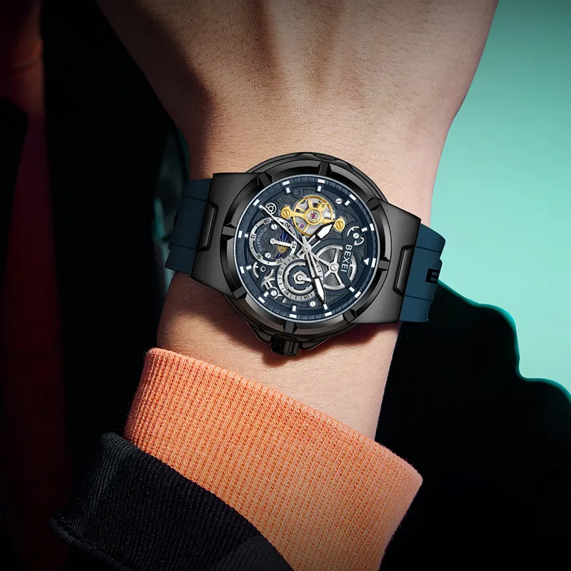 BEXEI Black Warrior Mechanical Movement Rubber Strap Watch Men's Watches Cut-Out Dial-25