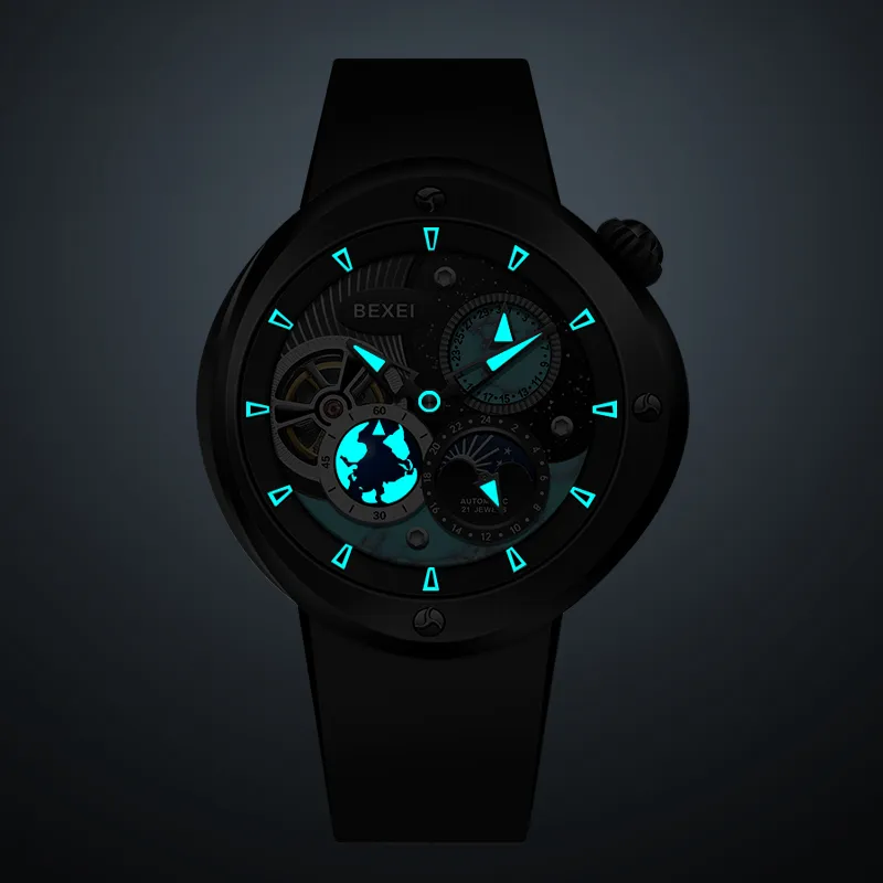 BEXEI The Wandering Earth Automatic Mechanical Movement Fluoroelastomer Strap Watch Men's Watches Black Dial-6