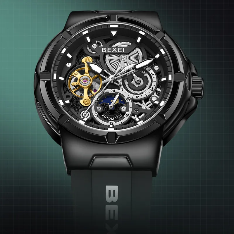 BEXEI Black Warrior Mechanical Movement Rubber Strap Watch Men's Watches Cut-Out Dial-6