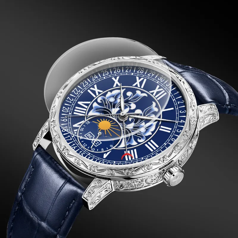 BEXEI Time Series Automatic Mechanical Movement Genuine Leather Strap Watch Men's Watches Blue Dial MC9215-4