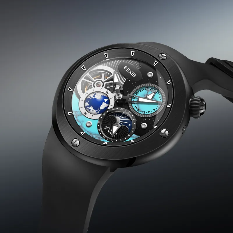 BEXEI The Wandering Earth Automatic Mechanical Movement Fluoroelastomer Strap Watch Men's Watches Black Dial-3