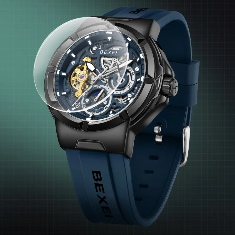 BEXEI Black Warrior Mechanical Movement Rubber Strap Watch Men's Watches Cut-Out Dial-28