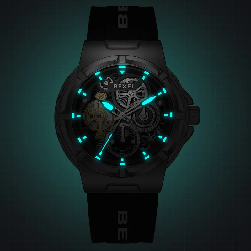 BEXEI Black Warrior Mechanical Movement Rubber Strap Watch Men's Watches Cut-Out Dial-38
