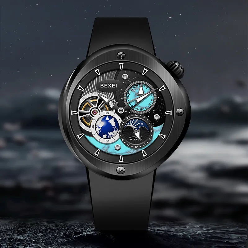 BEXEI The Wandering Earth Automatic Mechanical Movement Fluoroelastomer Strap Watch Men's Watches Black Dial-2