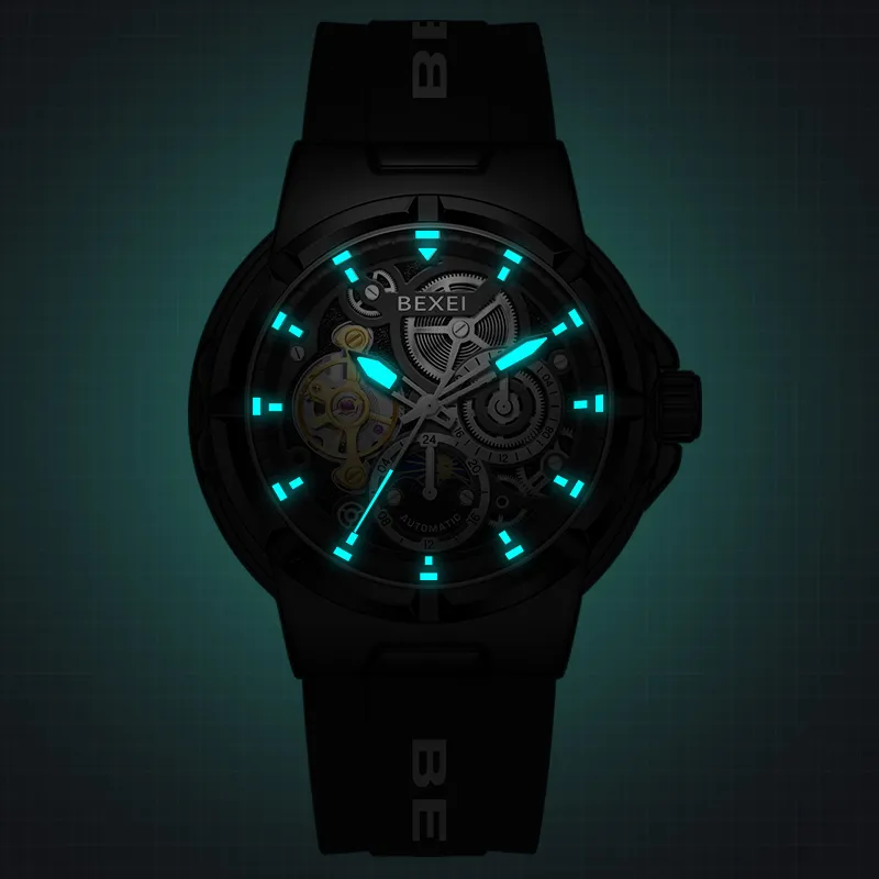 BEXEI Black Warrior Mechanical Movement Rubber Strap Watch Men's Watches Cut-Out Dial-9