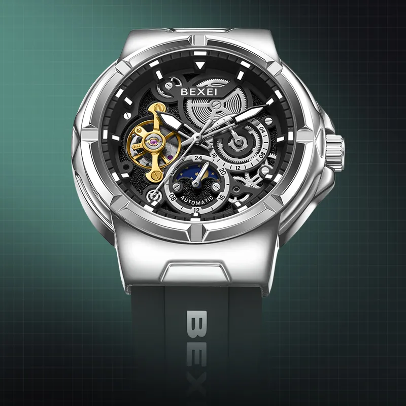 BEXEI Black Warrior Mechanical Movement Rubber Strap Watch Men's Watches Cut-Out Dial-42