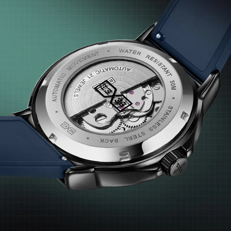 BEXEI Black Warrior Mechanical Movement Rubber Strap Watch Men's Watches Cut-Out Dial-29