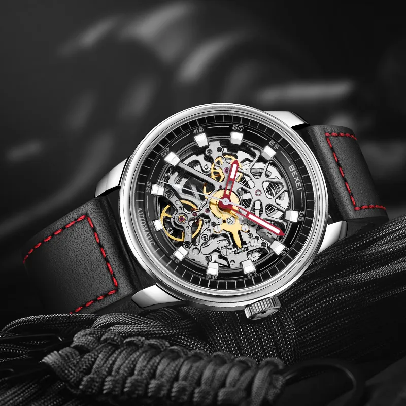 BEXEI Automatic Mechanical Movement Genuine Leather Strap Watch Men's Watches Cut-Out Dial 9109-LKYH-4