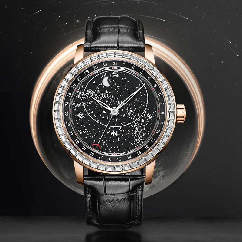 BEXEI Galaxy Expedition Collection Mechanical Movement Genuine Leather Strap Watch Men's Watches Black Dial-1