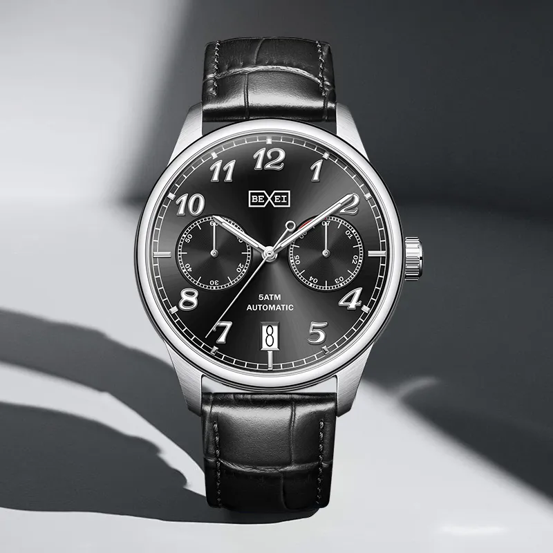 BEXEI Dual-Pupils Collection Automatic Mechanical Movement Rubber Strap Watch Men's Watches Black Dial BX9167-2