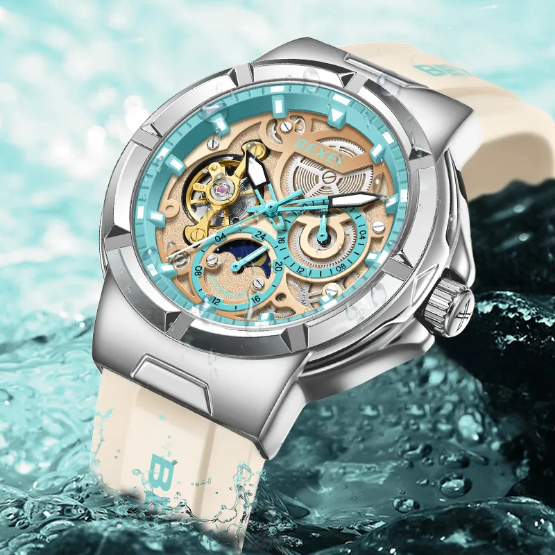 BEXEI Black Warrior Mechanical Movement Rubber Strap Watch Men's Watches Cut-Out Dial-14