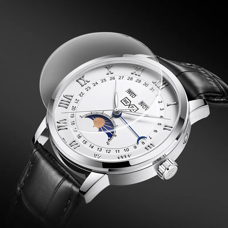 BEXEI Daybreak Light Collection Automatic Mechanical Movement Rubber Strap Watch Men's Watches White Dial-3