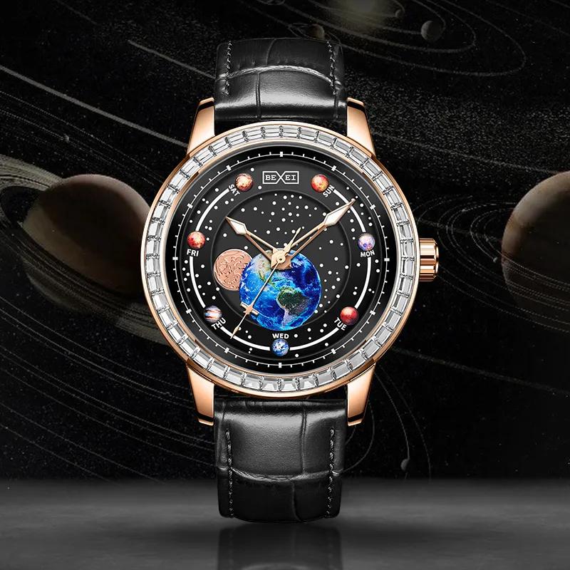 BEXEI Zodiac Collection Automatic Mechanical Movement Leather Watch Bands Watch Men's Watches Black Dial-2