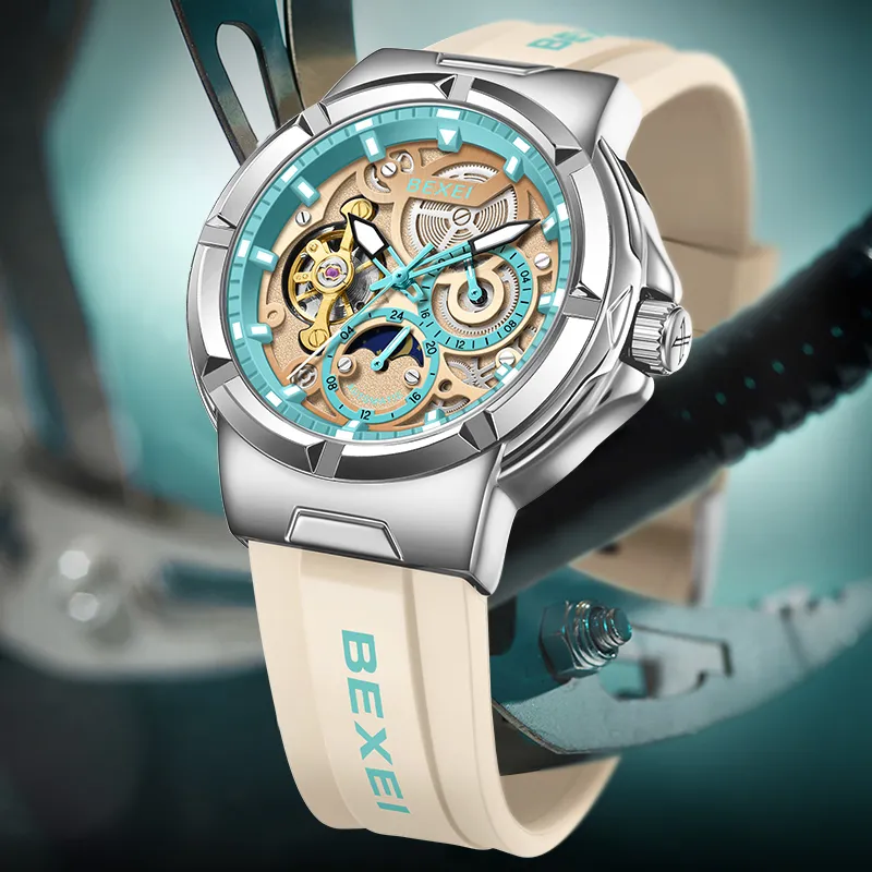 BEXEI Black Warrior Mechanical Movement Rubber Strap Watch Men's Watches Cut-Out Dial-13