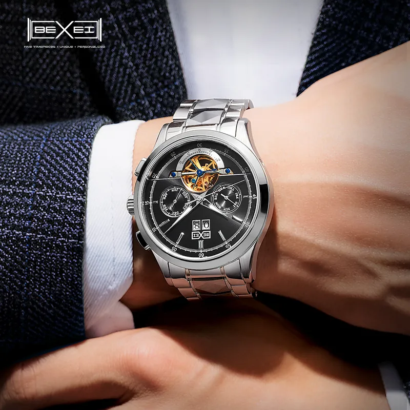BEXEI Casual Watch Automatic Mechanical Movement Stainless Steel Watchband Watch Men's Watches Black Dial-18