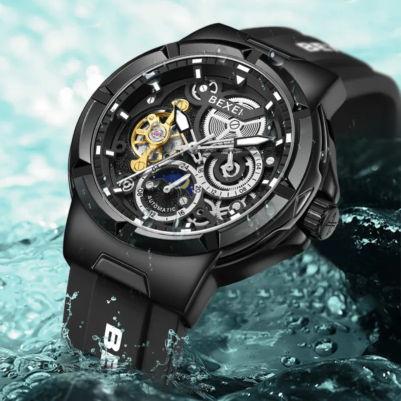 BEXEI Black Warrior Mechanical Movement Rubber Strap Watch Men's Watches Cut-Out Dial-5