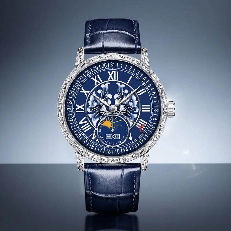 BEXEI Time Series Automatic Mechanical Movement Genuine Leather Strap Watch Men's Watches Blue Dial MC9215-3