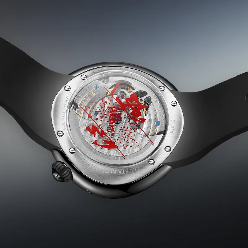 BEXEI The Wandering Earth Automatic Mechanical Movement Fluoroelastomer Strap Watch Men's Watches Black Dial-4