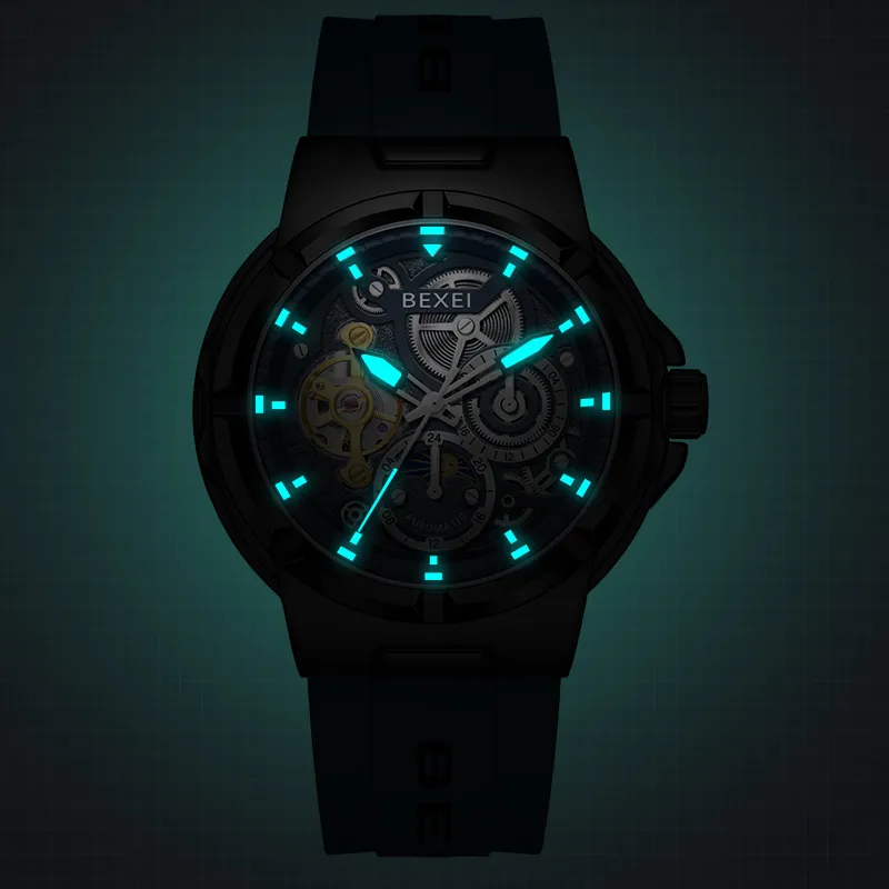 BEXEI Black Warrior Mechanical Movement Rubber Strap Watch Men's Watches Cut-Out Dial-30