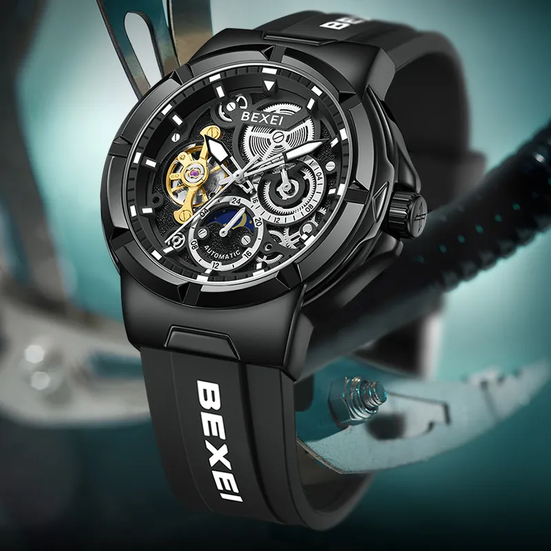 BEXEI Black Warrior Mechanical Movement Rubber Strap Watch Men's Watches Cut-Out Dial-2