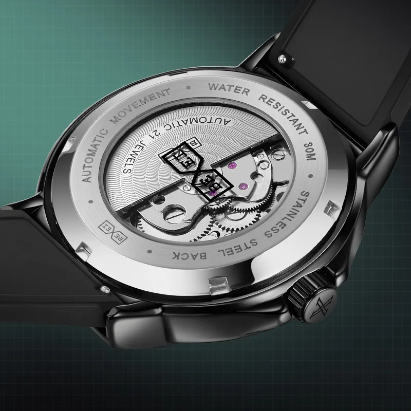 BEXEI Black Warrior Mechanical Movement Rubber Strap Watch Men's Watches Cut-Out Dial-8