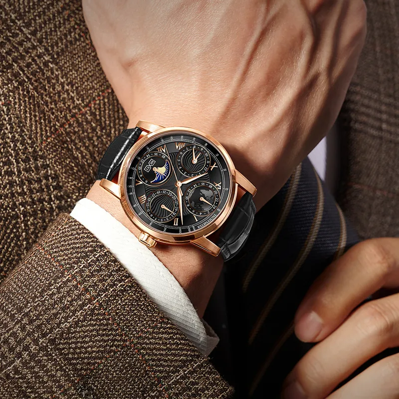 BEXEI Casual Watch Automatic Mechanical Movement Cow Leather Strap Watch Men's Watches White Dial-13