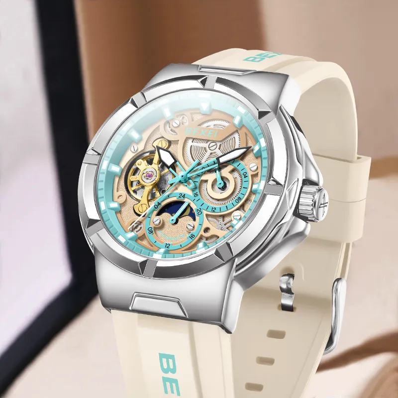 BEXEI Black Warrior Mechanical Movement Rubber Strap Watch Men's Watches Cut-Out Dial-17