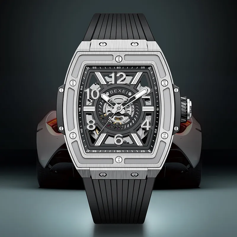 BEXEI Flying Life Series Mechanical Movement Silicone Strap Watch Men's Watches Cut-Out Dial BX9138-2