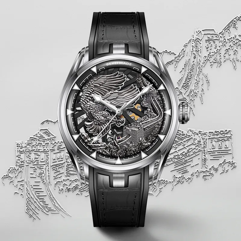 BEXEI Prosperous Journey Collection Automatic Mechanical Movement Rubber Strap Chinese Watches Men's Watches Black Dial-1