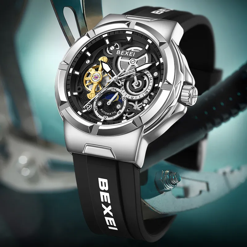 BEXEI Black Warrior Mechanical Movement Rubber Strap Watch Men's Watches Cut-Out Dial-33