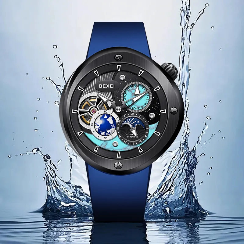 BEXEI The Wandering Earth Automatic Mechanical Movement Fluoroelastomer Strap Watch Men's Watches Black Dial-15