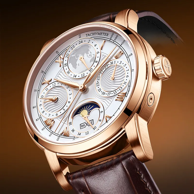 BEXEI Casual Watch Automatic Mechanical Movement Cow Leather Strap Watch Men's Watches White Dial-3