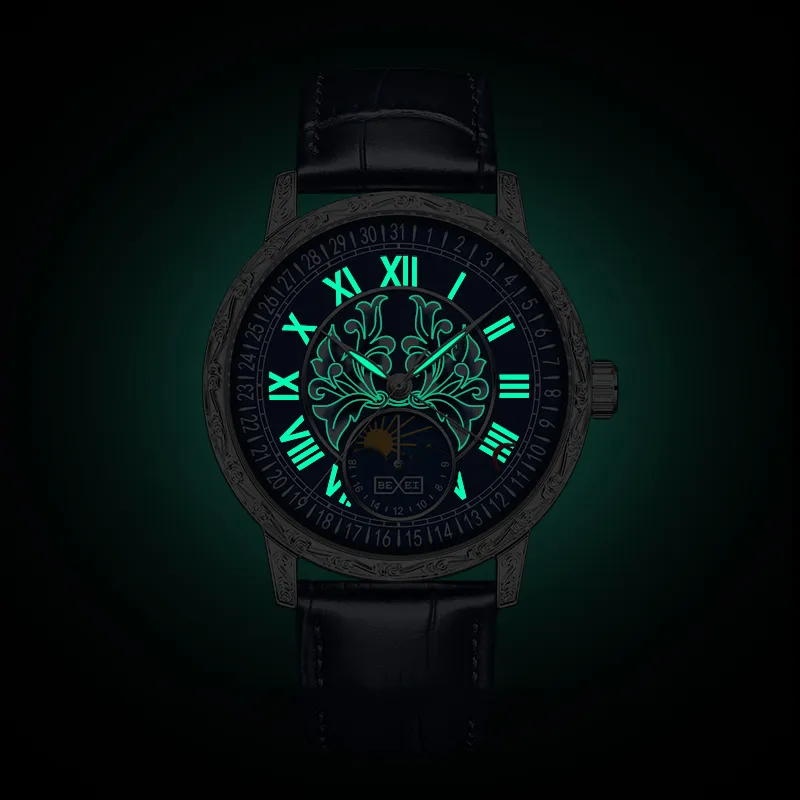 BEXEI Time Series Automatic Mechanical Movement Genuine Leather Strap Watch Men's Watches Blue Dial MC9215-5