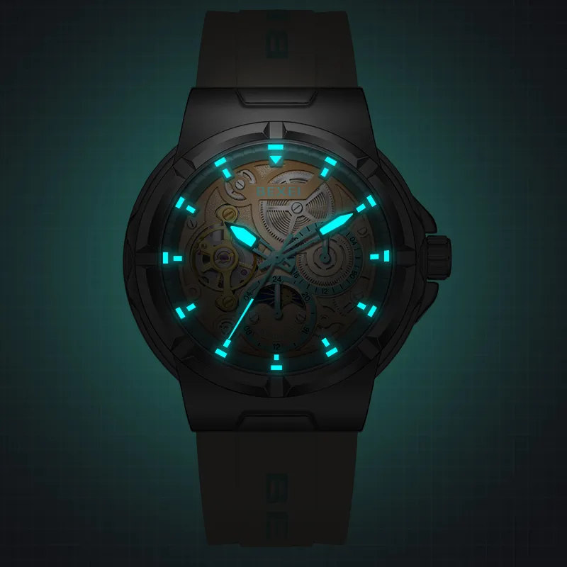 BEXEI Black Warrior Mechanical Movement Rubber Strap Watch Men's Watches Cut-Out Dial-19
