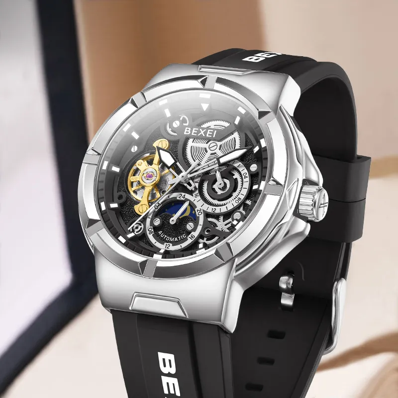 BEXEI Black Warrior Mechanical Movement Rubber Strap Watch Men's Watches Cut-Out Dial-40