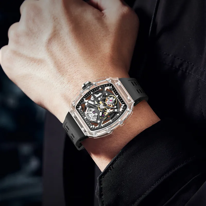 BEXEI Rin Chie Collection Automatic Mechanical Movement Rubber Strap Watch Men's Watches Cut Out Dial-10