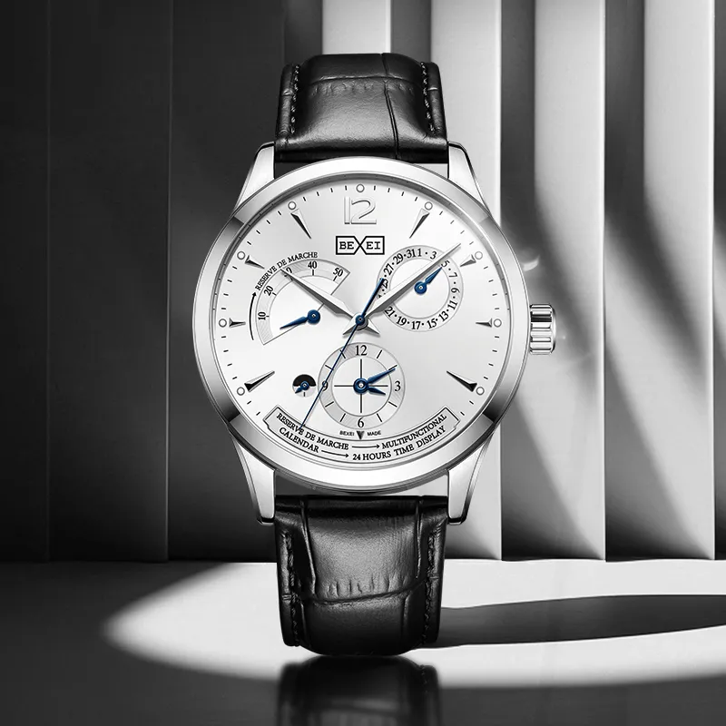 BEXEI Masterpiece Collection Mechanical Movement Genuine Leather Strap Watch Men's Watches White Dial BX9168-2