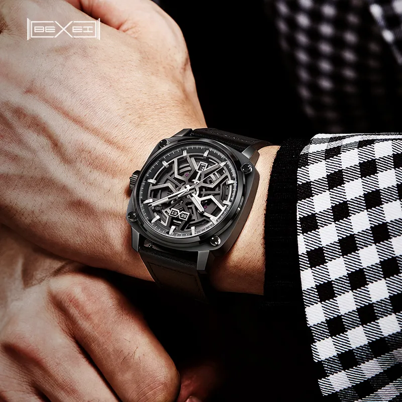 BEXEI Urban Road Mechanical Movement Genuine Leather Strap Watch Men's Watches Black Dial 9057-HKHM-3