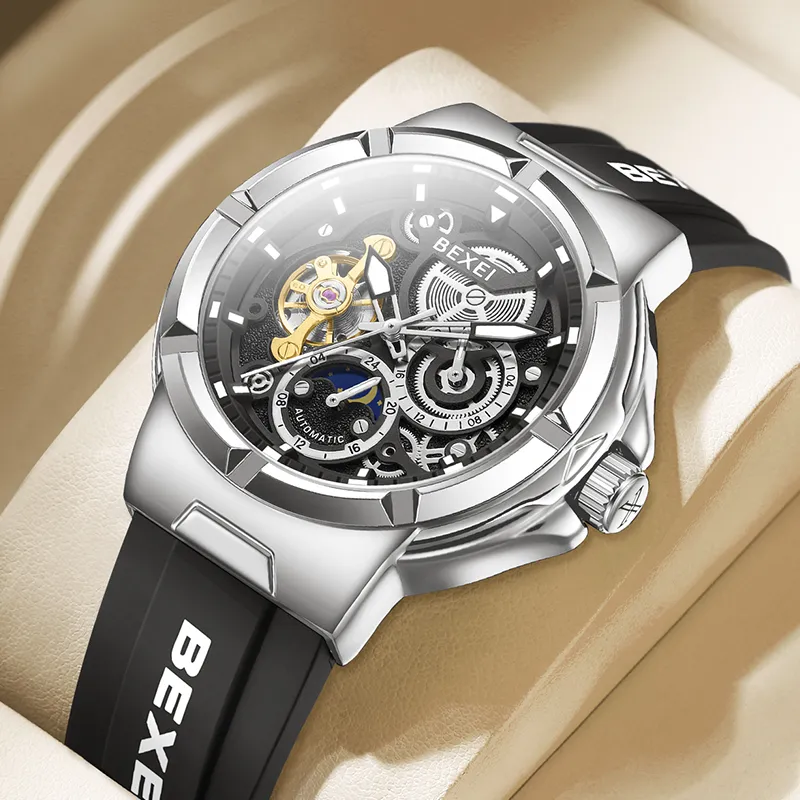BEXEI Black Warrior Mechanical Movement Rubber Strap Watch Men's Watches Cut-Out Dial-36