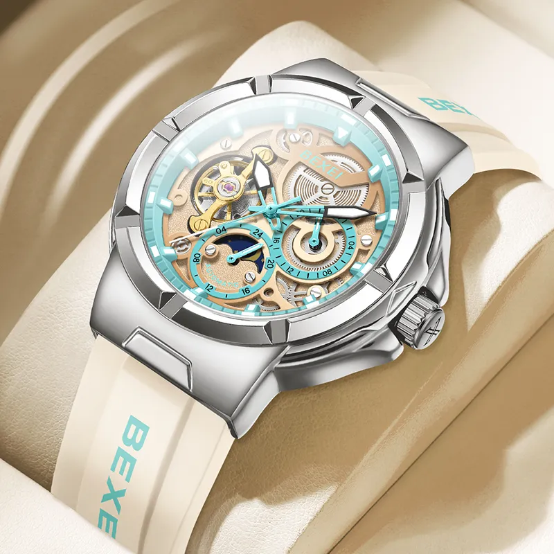 BEXEI Black Warrior Mechanical Movement Rubber Strap Watch Men's Watches Cut-Out Dial-16