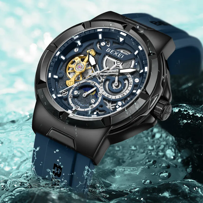 BEXEI Black Warrior Mechanical Movement Rubber Strap Watch Men's Watches Cut-Out Dial-24