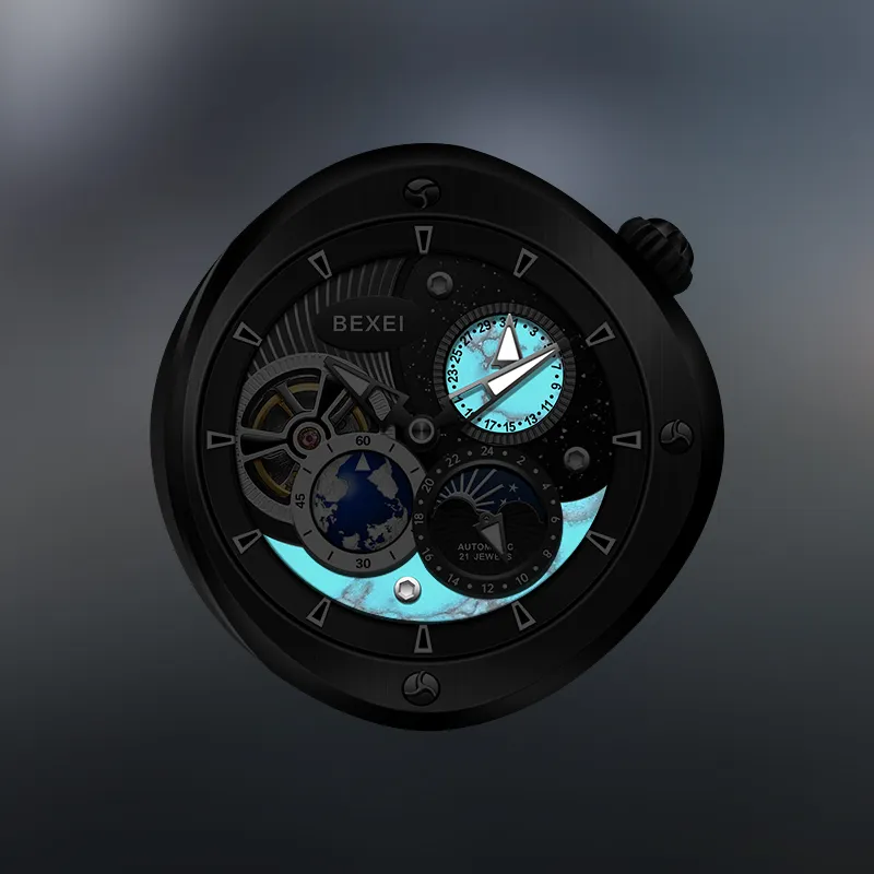 BEXEI The Wandering Earth Automatic Mechanical Movement Fluoroelastomer Strap Watch Men's Watches Black Dial-5