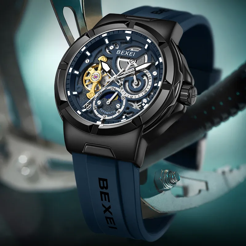 BEXEI Black Warrior Mechanical Movement Rubber Strap Watch Men's Watches Cut-Out Dial-23