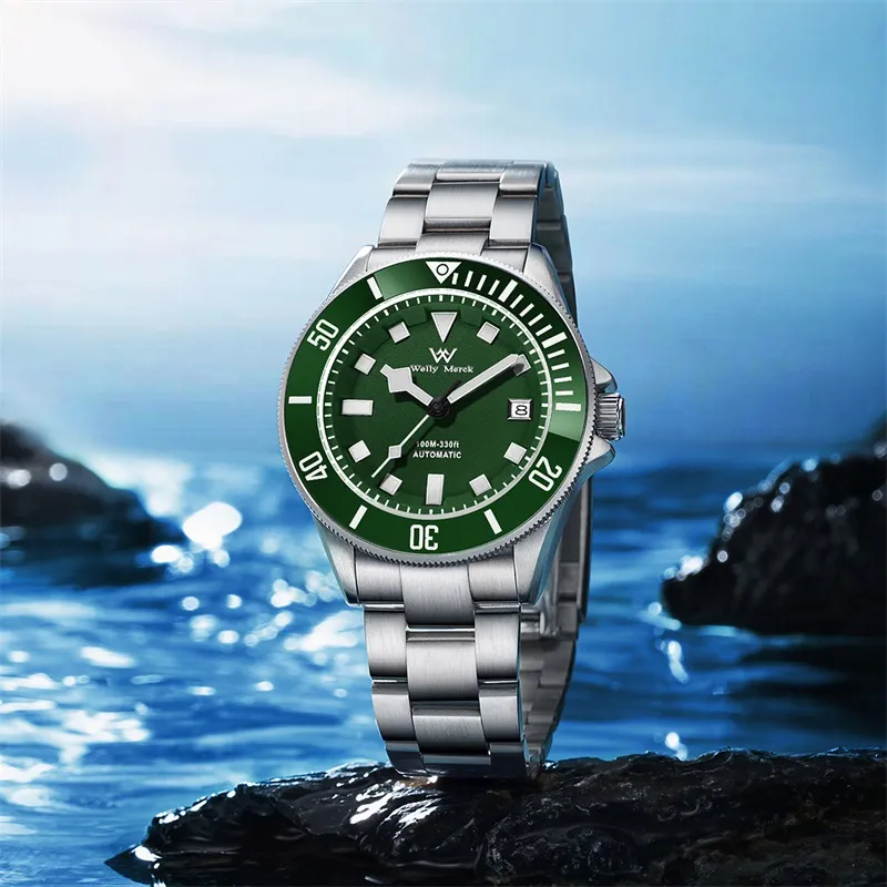 Welly Merck Mechanical Movement Stainless Steel Watchband Watch Men's Watches Green Dial-3
